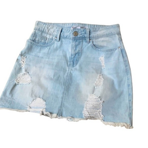 YMI distressed light blue denim Skirt Sz small. Made in the USA. 100% cotton S13